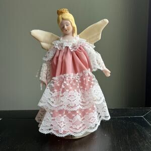 Pink and White Angel Christmas Tree Topper-9 inches Porcelain Head Small 9.5 in